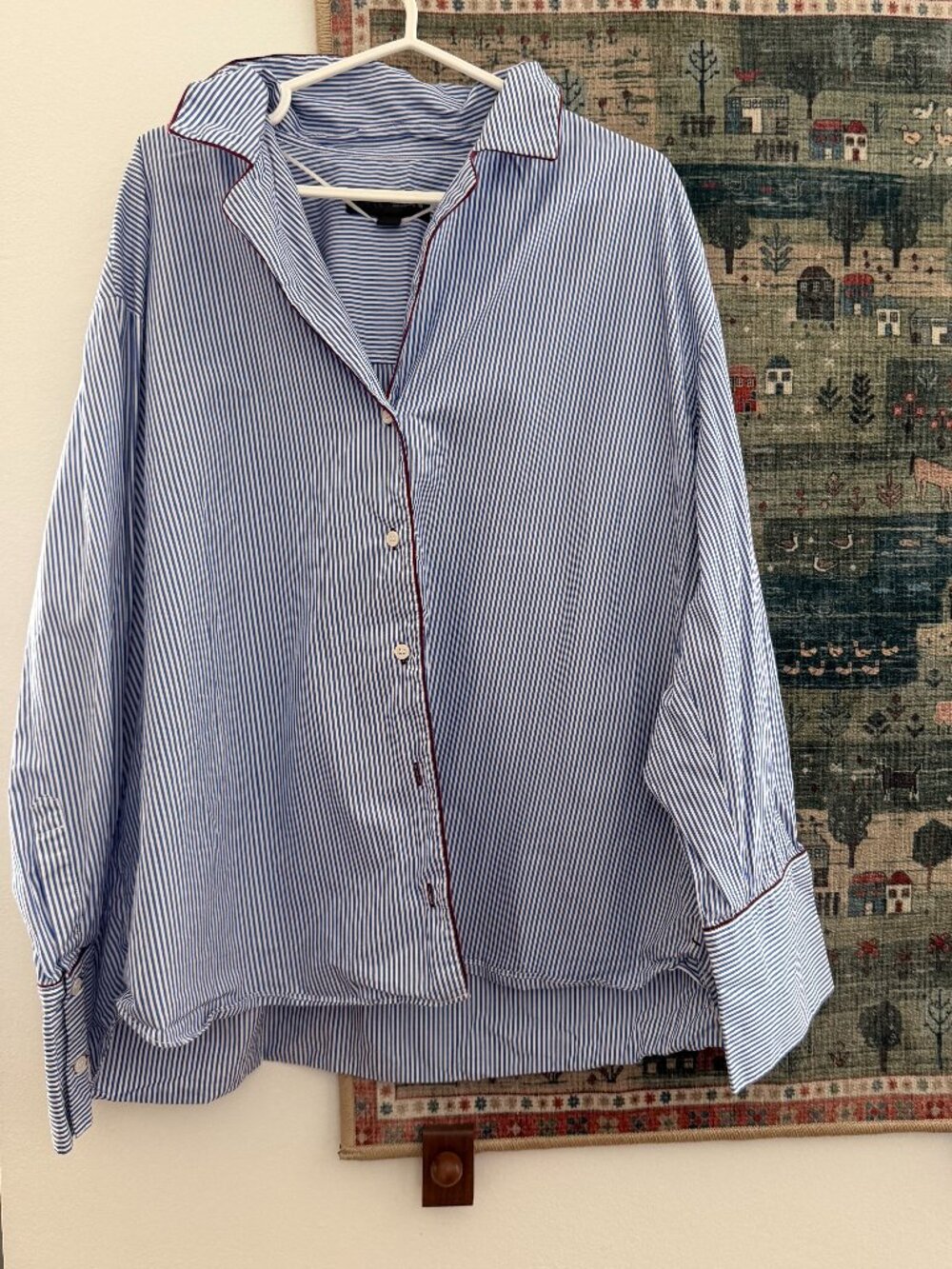 Zara Blue Striped Poplin Shirt with Maroon Piping – XL